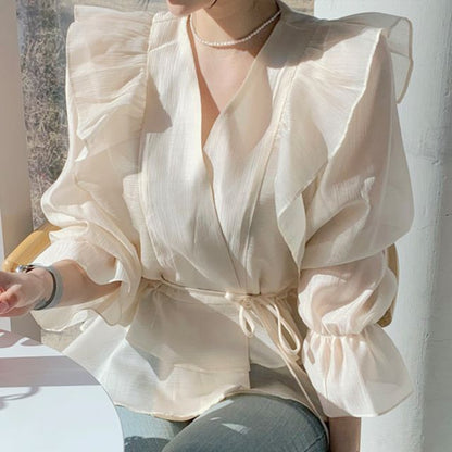 Bell-Sleeve V-Neck Ruffled Blouse