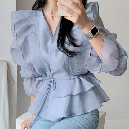 Bell-Sleeve V-Neck Ruffled Blouse