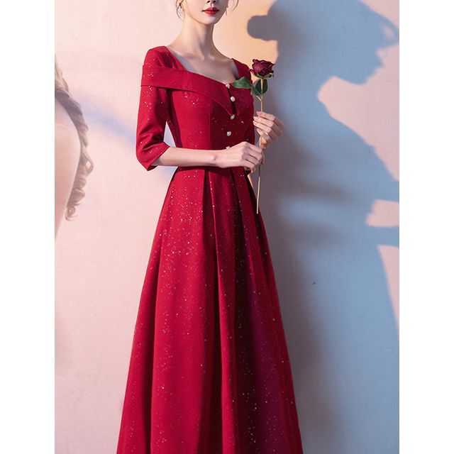 Elbow-Sleeve A-Line Evening Gown / Cocktail Dress