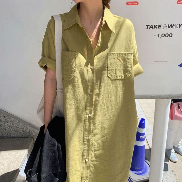 Plain Short-Sleeve Loose-Fit Shirtdress