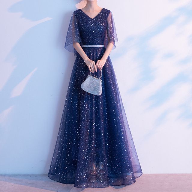 Bell-Sleeve Sequined A-Line Evening Gown