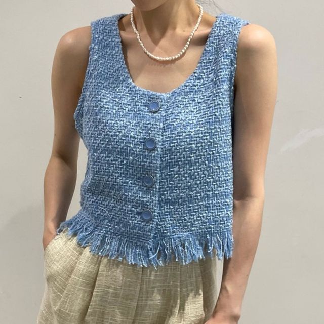 Fringed Button-Up Tweed Vest