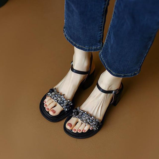 Block-Heel Genuine Leather Embellished Sandals