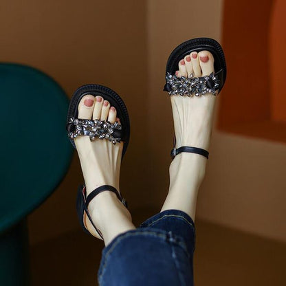 Block-Heel Genuine Leather Embellished Sandals