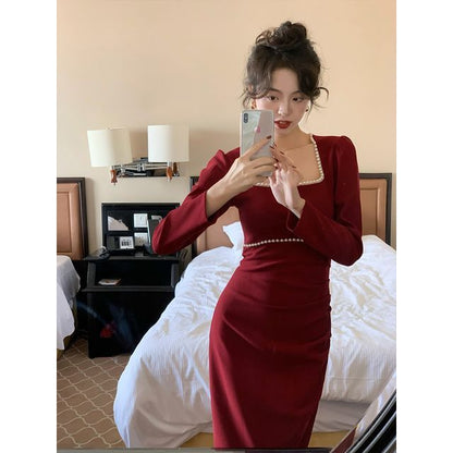 Square-Neck Long-Sleeve Plain Sheath Maxi Dress