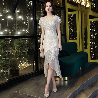 Short-Sleeve V-Neck Sequin Trumpet Evening Dress