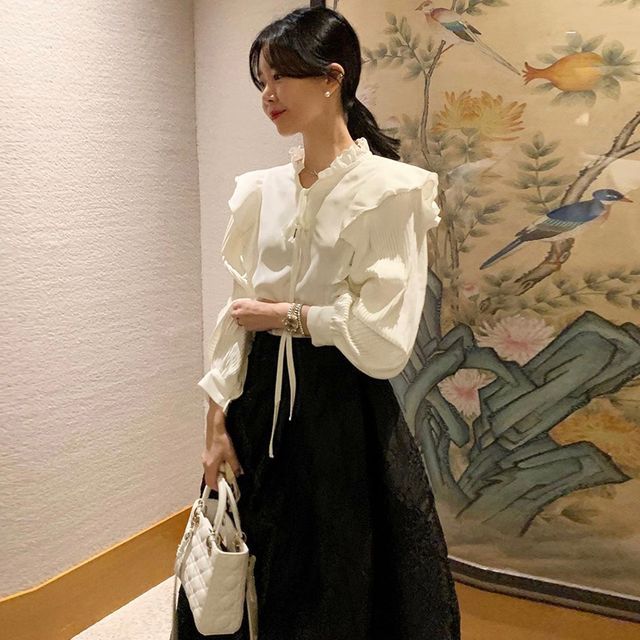 Puff-Sleeve Plain Ruffled Blouse / High Waist Midi A-Line Skirt