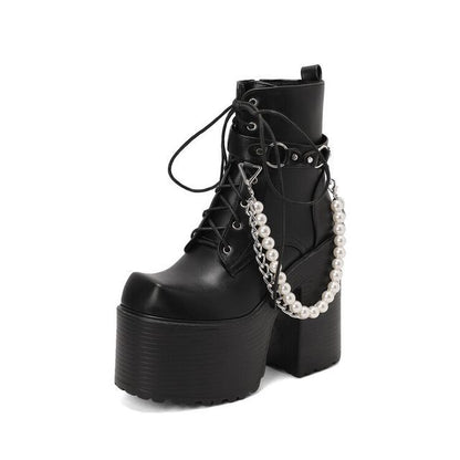 Platform Block Heel Faux Pearl Chain Lace Up Short Boots