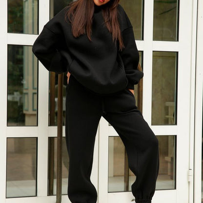 Set: Long Sleeve Plain Loose-Fit Hoodie + Straight-Leg Sweatpants