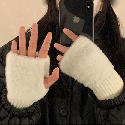 Fluffy Panel Knit Fingerless Gloves