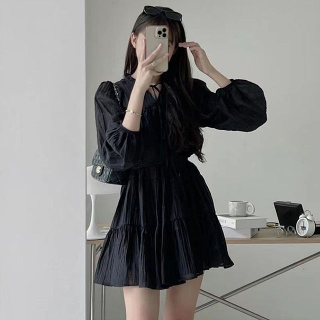 Long-Sleeve Tie-Neck Sashed Plain Mini A-Line Dress