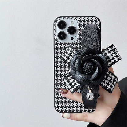 Floral Houndstooth Strap Phone Case - iPhone 14 Pro Max / 14 Pro / 14 Max / 14 / 13 Pro Max / 13 Pro / 13 / 13 mini / 12 Pro Max / 12 Pro / 12 / 12 mini / 11 Pro Max / 11 Pro / 11 / SE / XS Max / XS / XR / X / 8 / 8 Plus / 7 / 7 Plus