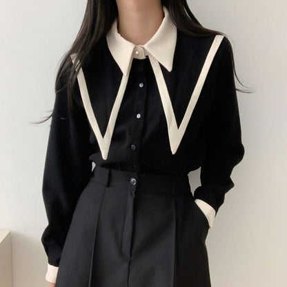 Long-Sleeve Collared Two Tone Shirt