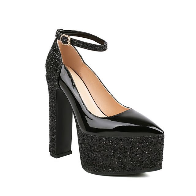 Platform Pointed Toe Glitter Ankle Strap Patent Leather Pumps