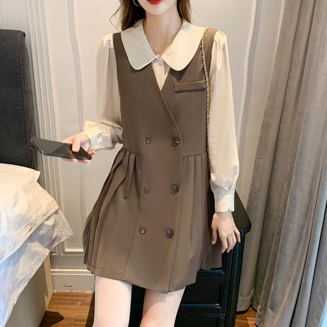 Long-Sleeve Plain Blouse / V-Neck Plain Pleated Double-Breasted A-Line Dungaree Dress