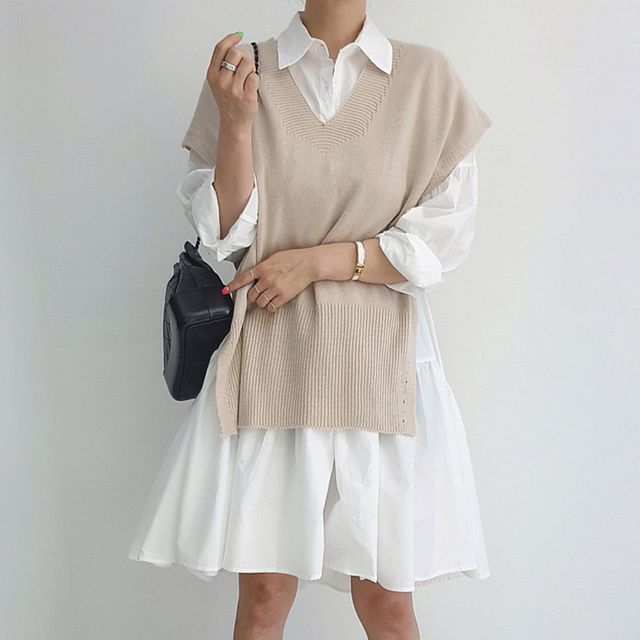 V-Neck Plain Slit Sweater Vest / Long-Sleeve Tiered A-Line Shirt Dress