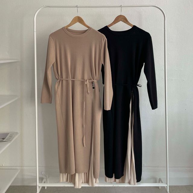 Mock Two-Piece Long-Sleeve Pleated Panel Midi A-Line Knit Dress