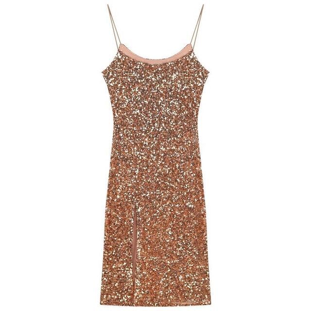 Spaghetti Strap Sequined Slit Bodycon Cocktail Dress