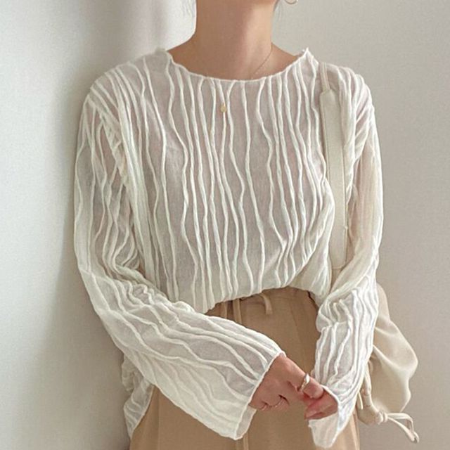 Long-Sleeve Boat Neck Striped Blouse