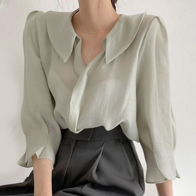 Elbow-Sleeve Collared Plain Blouse