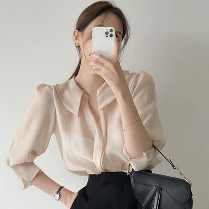 Elbow-Sleeve Collared Plain Blouse