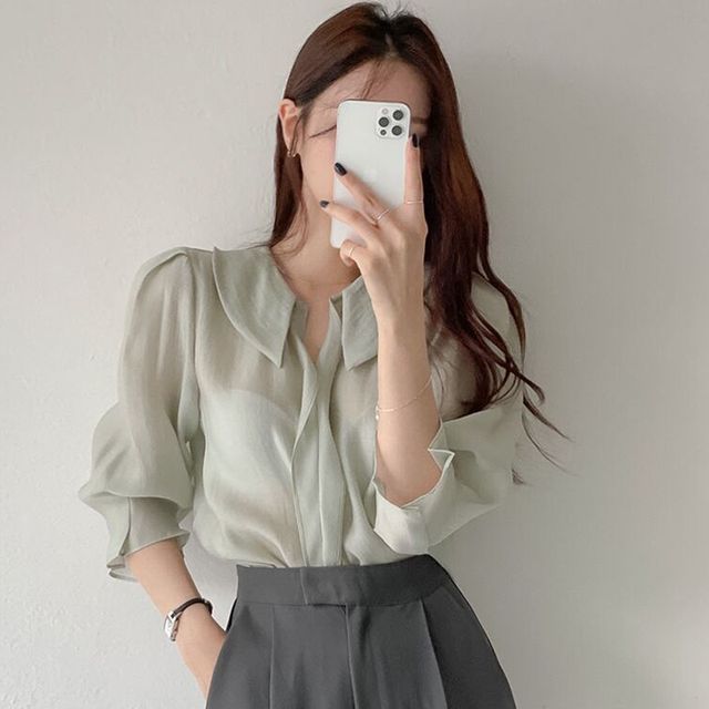 Elbow-Sleeve Collared Plain Blouse