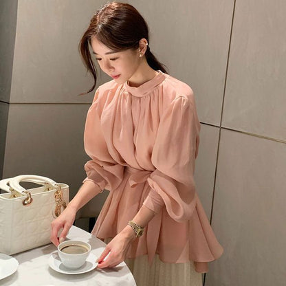 Puff-Sleeve Plain Tie-Front Shirred Blouse