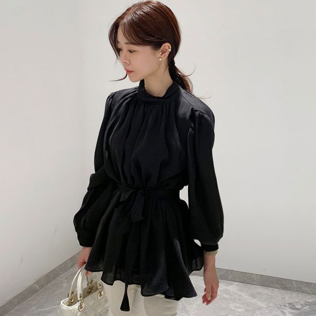 Puff-Sleeve Plain Tie-Front Shirred Blouse