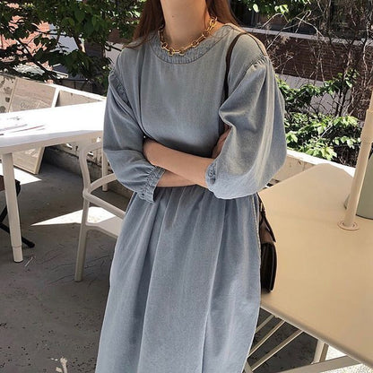 3/4-Sleeve Round Neck Plain Washed Denim Midi Dress