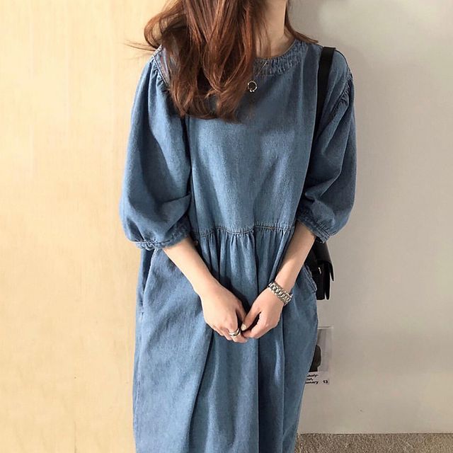 3/4-Sleeve Round Neck Plain Washed Denim Midi Dress