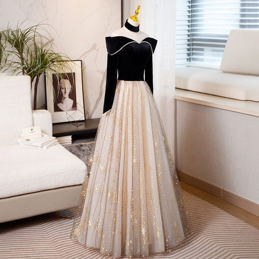 Long-Sleeve Off-Shoulder Two Tone Sequin A-Line Evening Gown