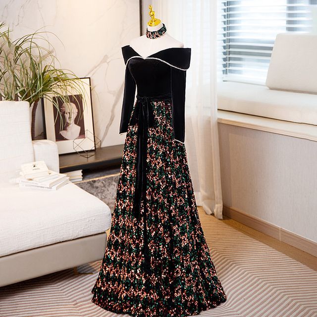 Long-Sleeve Off-Shoulder Sequin Tie Waist A-Line Evening Gown