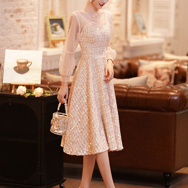 Long-Sleeve Frill Faux Pearl Sequin Panel Tweed A-Line Dress