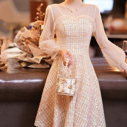 Long-Sleeve Frill Faux Pearl Sequin Panel Tweed A-Line Dress