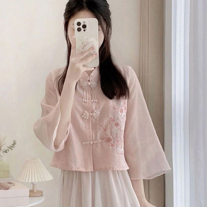 Flare-Sleeve Frog Buttoned Plain Blouse / High Waist Midi A-Line Skirt