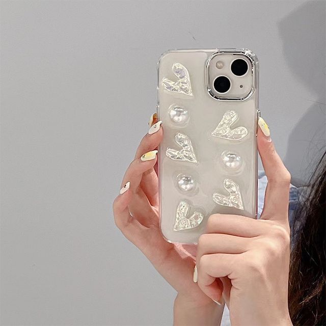 Heart Faux Pearl Phone Case - iPhone 14 Pro Max / 14 Pro / 14 Max / 14 / 13 Pro Max / 13 Pro / 13 / 13 mini / 12 Pro Max / 12 Pro / 12 / 12 mini / 11 Pro Max / 11 Pro / 11 / SE / XS Max / XS / XR / X / 8 / 8 Plus / 7 / 7 Plus