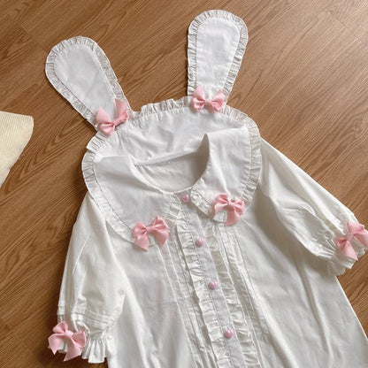 Puff-Sleeve Rabbit Ear Collar Heart Applique Gingham Ruffle Blouse