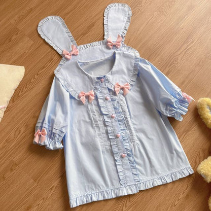 Puff-Sleeve Rabbit Ear Collar Heart Applique Gingham Ruffle Blouse