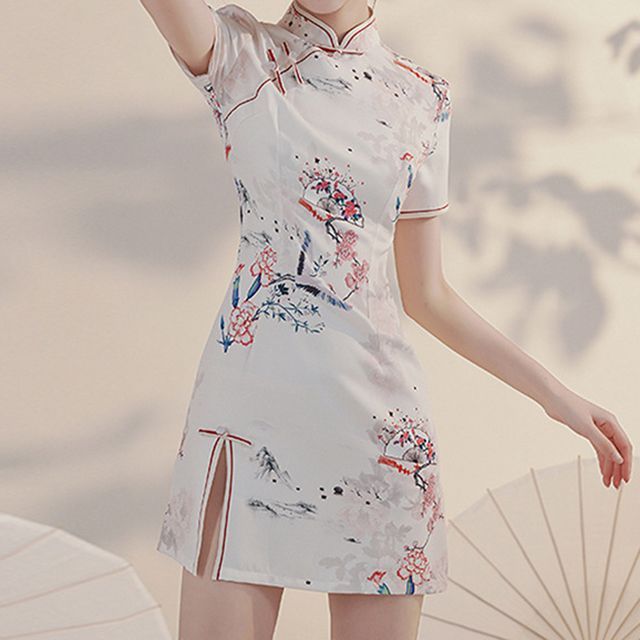 Short-Sleeve Crane Mini Qipao