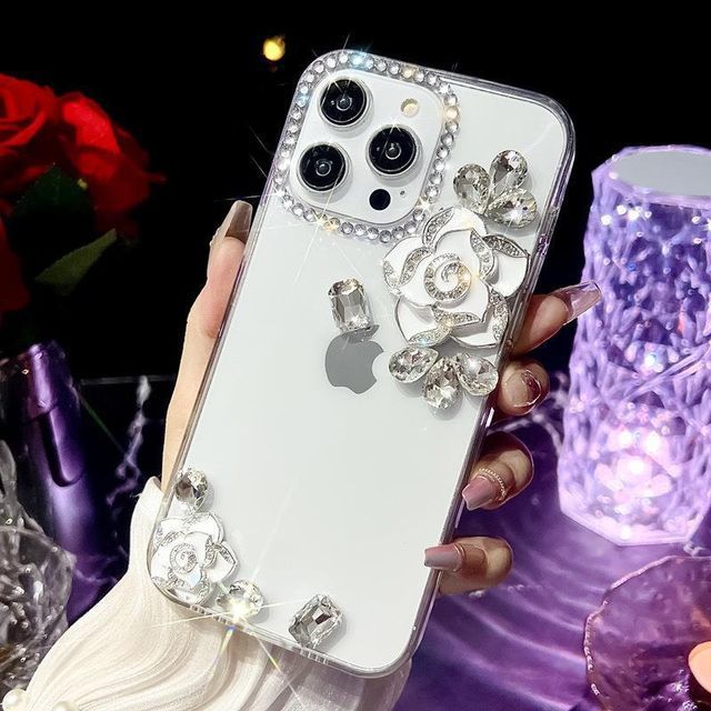 Floral Rhinestone Transparent Phone Case - iPhone 14 Pro Max / 14 Pro / 14 Max / 14 / 13 Pro Max / 13 Pro / 13 / 13 mini / 12 Pro Max / 12 Pro / 12 / 12 mini / 11 Pro Max / 11 Pro / 11 / SE / XS Max / XS / XR / X / 8 / 8 Plus / 7 / 7 Plus