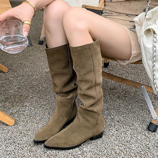 Block Heel Pointed Toe Genuine Leather Tall Boots