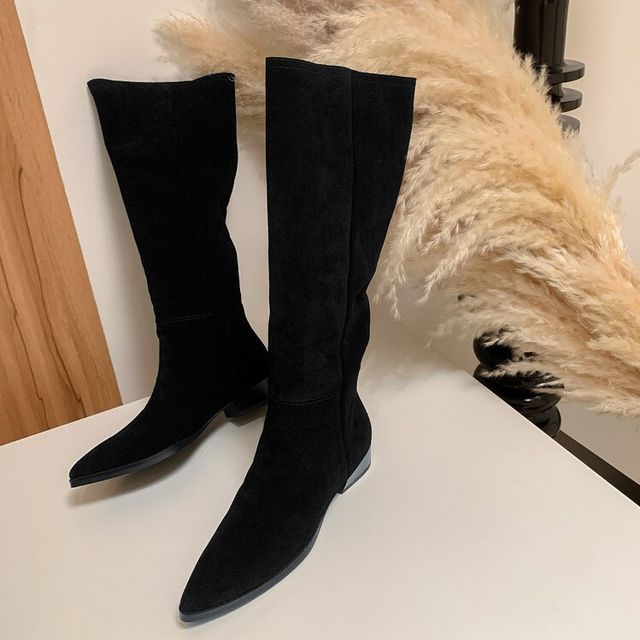 Block Heel Pointed Toe Genuine Leather Tall Boots