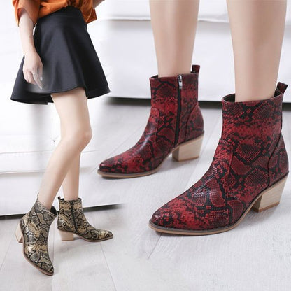 Snakeskin Print Chunky Heel Short Boots