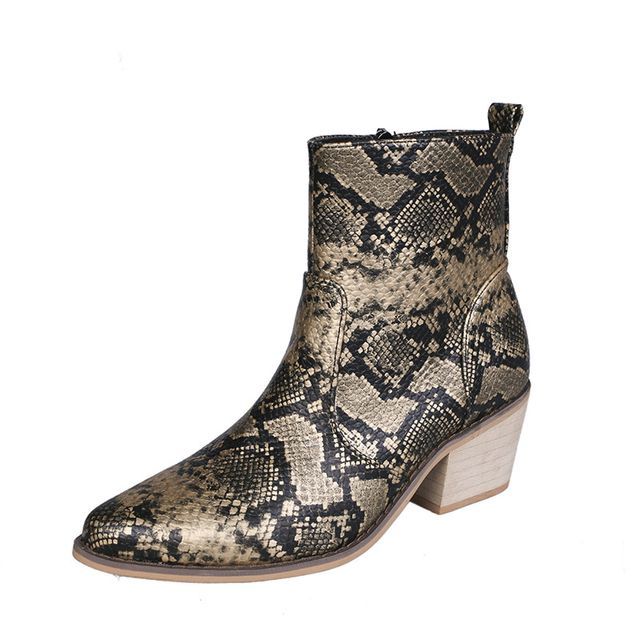 Snakeskin Print Chunky Heel Short Boots