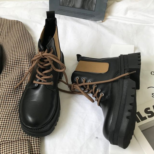 Faux Leather Lace-Up Paneled Short Boots