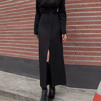 High Rise Plain Asymmetrical Slit Maxi Pencil Skirt