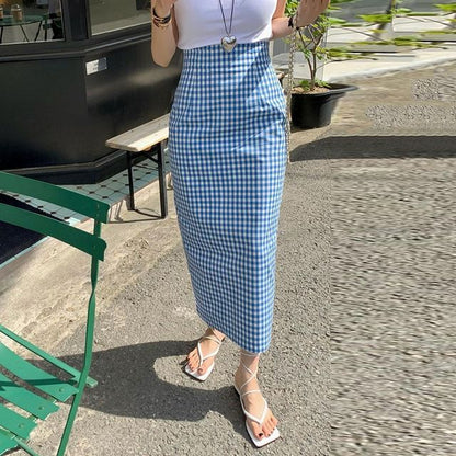 High Waist Gingham Midi Pencil Skirt