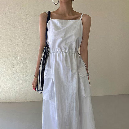 Spaghetti Strap Plain Drawstring Maxi Sundress