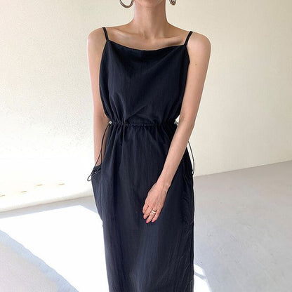 Spaghetti Strap Plain Drawstring Maxi Sundress