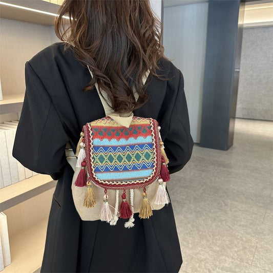 Patterned Tassel Detail Flap Backpack